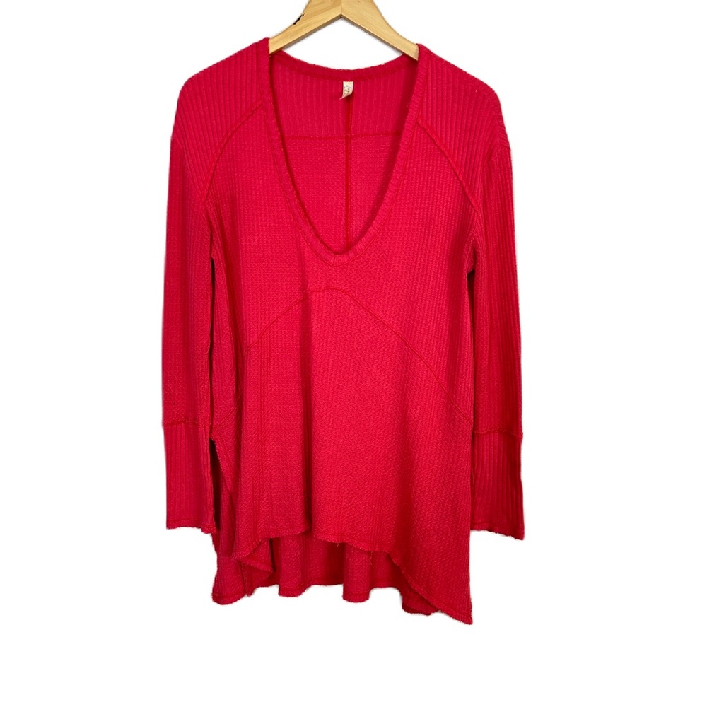 Free People Drippy Red Sunset Park Thermal Waffle Knit‎ Tunic Top Women’s XS